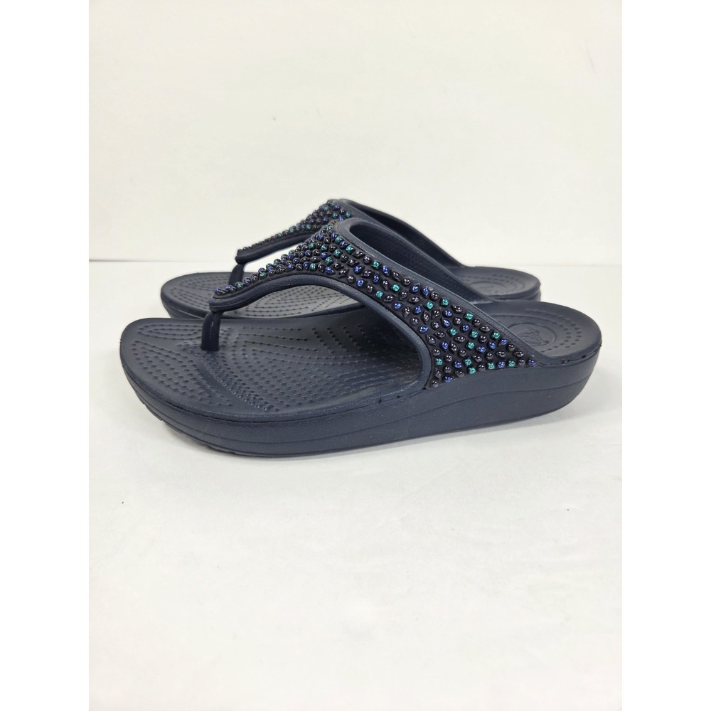 Crocs Sloane Embellished Sandals Navy Flip Flop Platform Beach Sz 5 Women